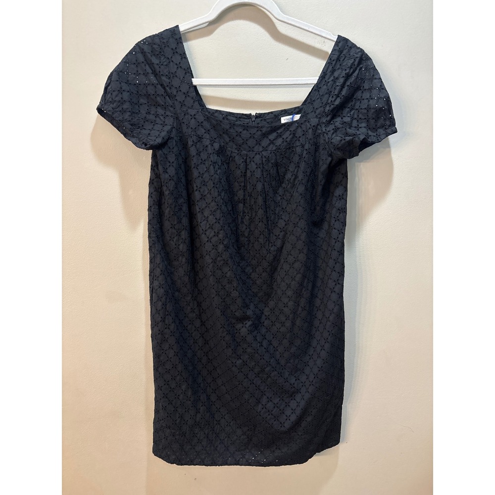 Vince Black Eyelet Cotton Square Neck Shift Dress Short Sleeve Size 6 Resortwear